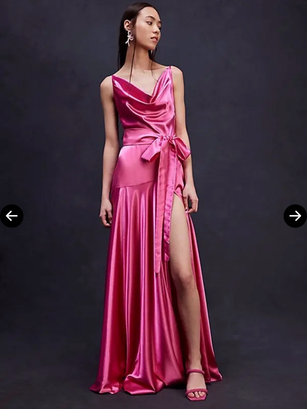Bronx and Banco Hot Pink Satin Cowl Neck Maxi Dress with Side Slit
